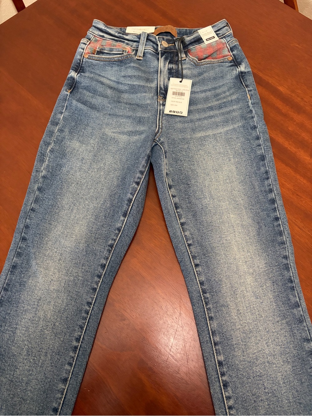 NWT Judy Blue Light Blue High-Rise Skinny Jeans with Plaid Accent